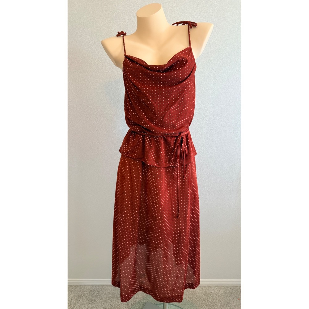 VTG 70s ILGWU USA Brown Polka Dot Cowl Neck Peplum Midi Dress Sz 11